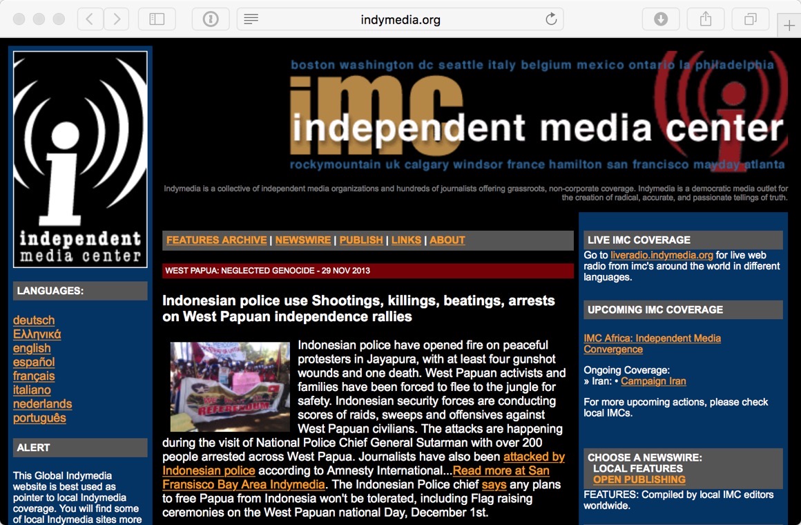 Screenshot of the Indymedia web site